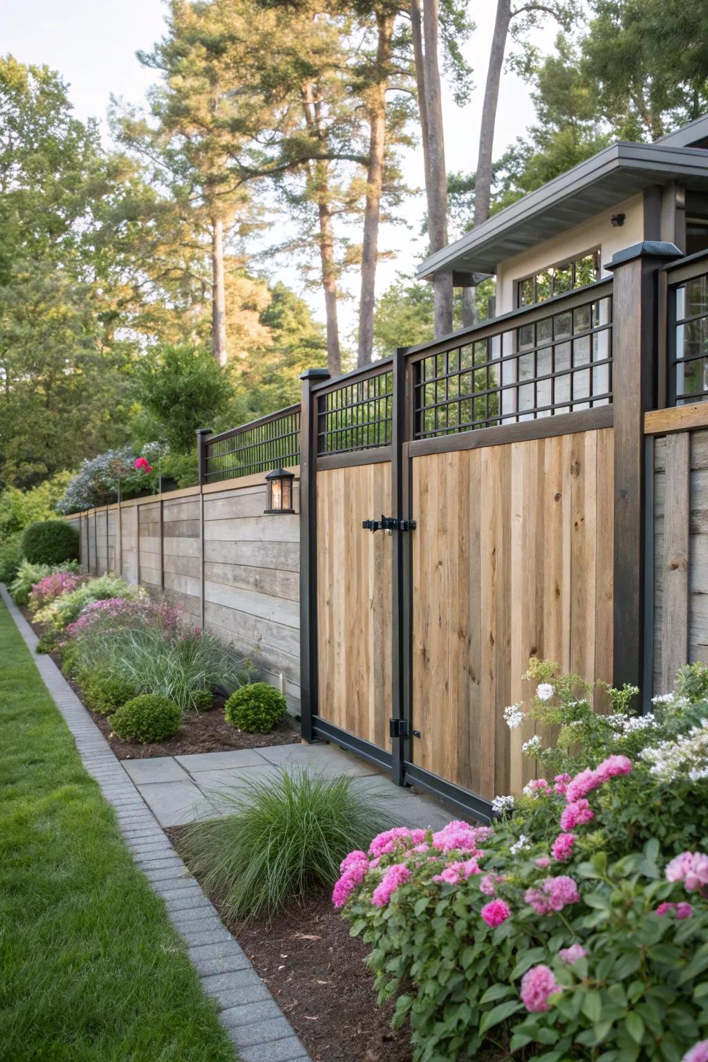 A contemporary farmhouse fence showcases an elegant mix of wood and metal for a modern flair.