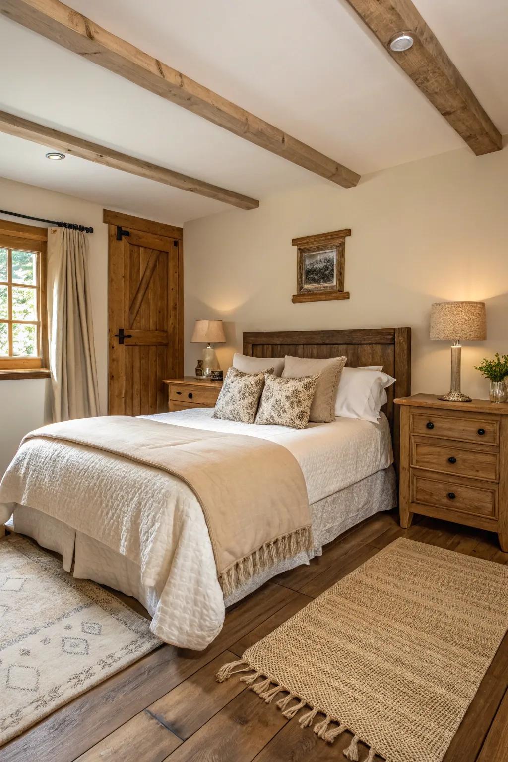 A peaceful guest bedroom highlighted by a neutral color scheme and rustic accents.