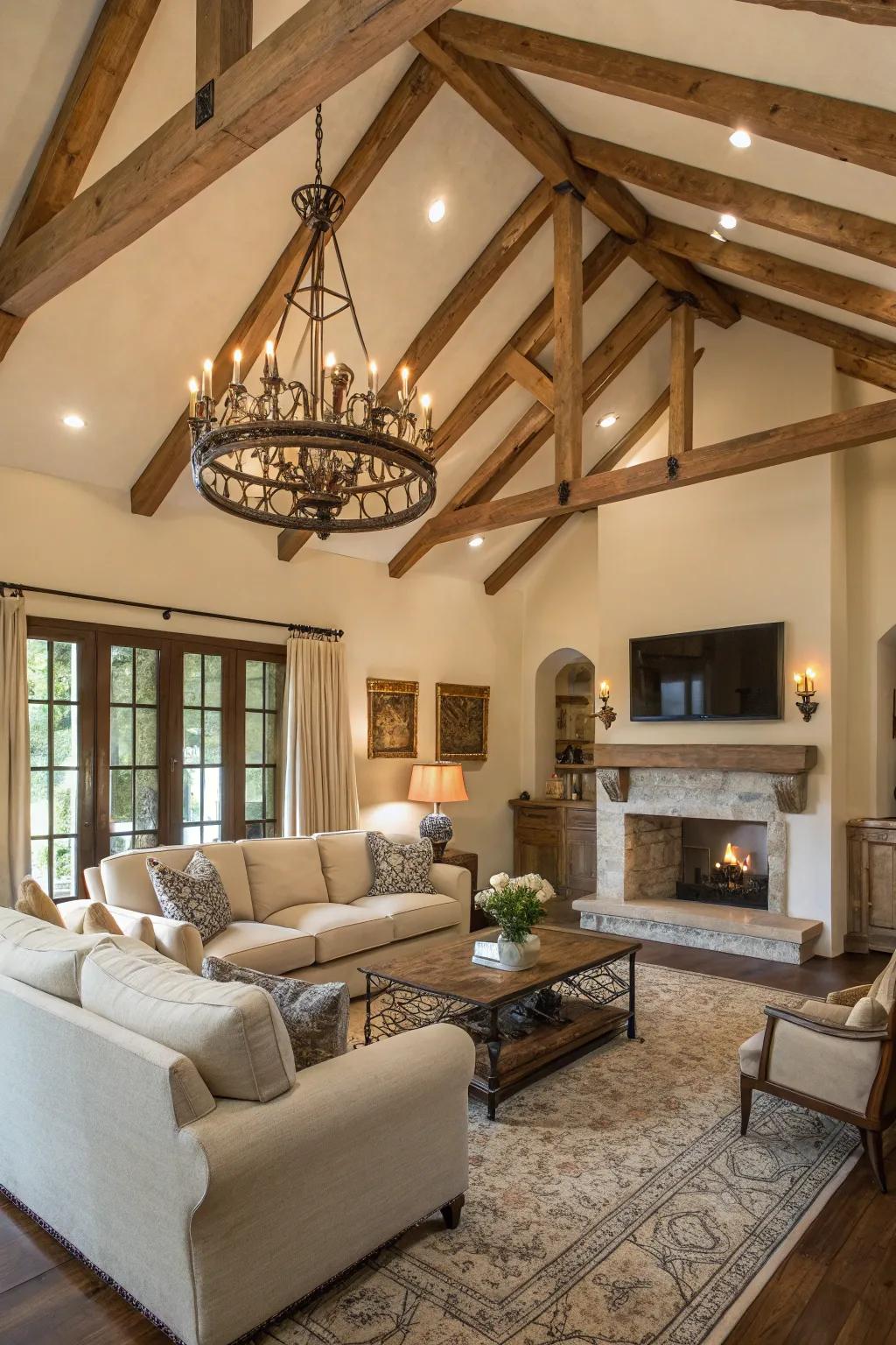 Exposed wooden beams impart architectural beauty and rustic charm to the living space.