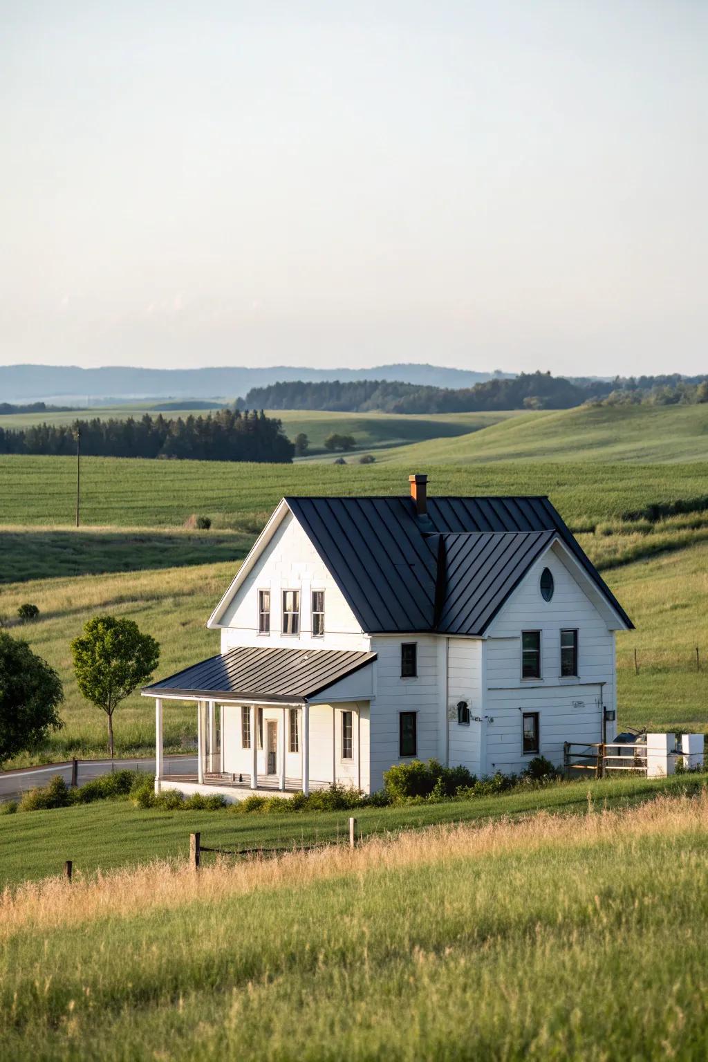 Striking contrast: A white farmhouse complemented by a sleek shadow metal roof.