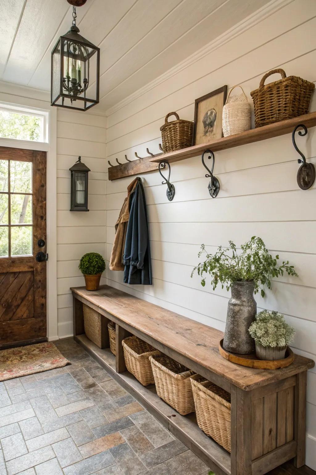 Charming mudroom with shiplap walls for a rustic touch.
