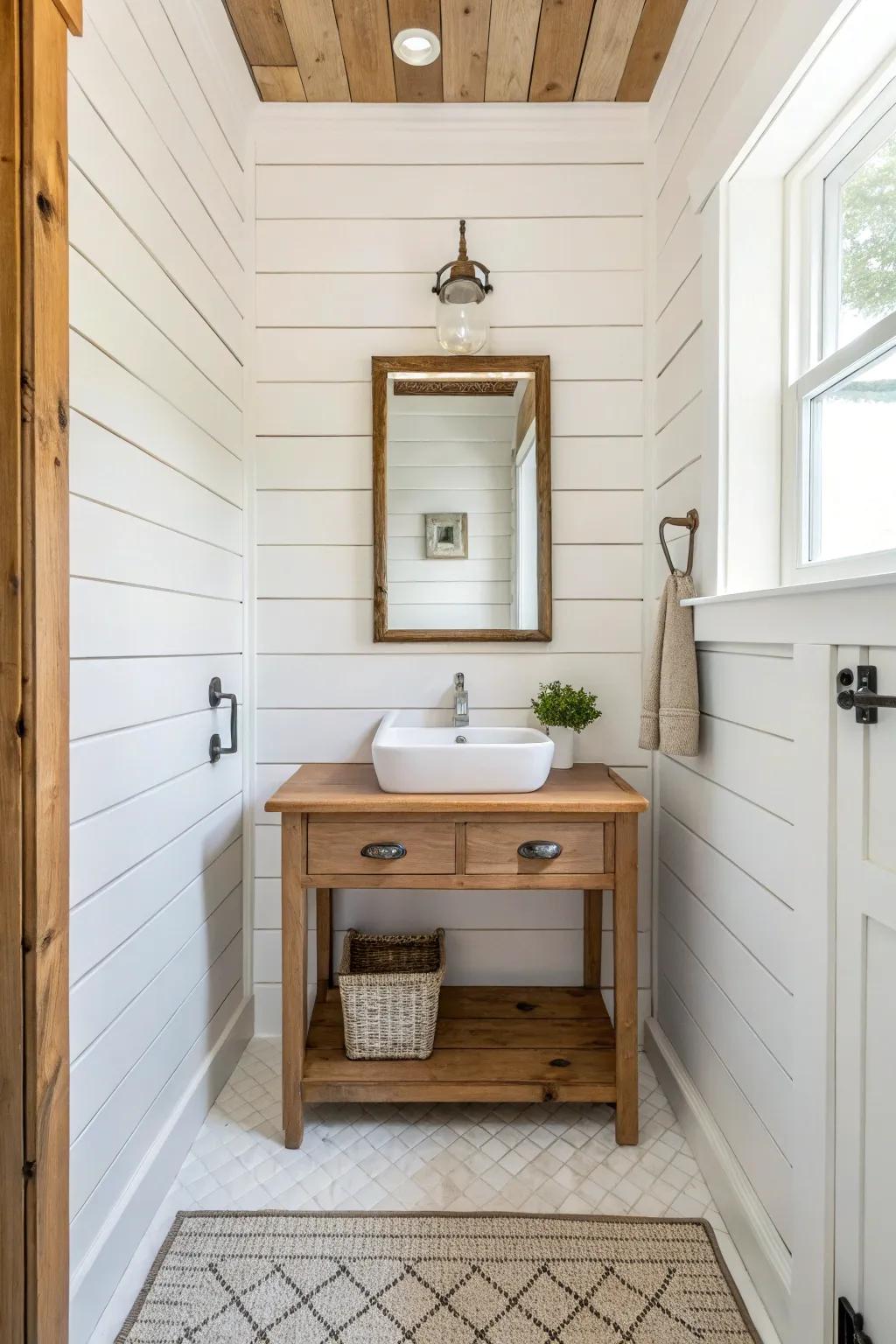 A powder room with white grooved paneling and cozy wood details.