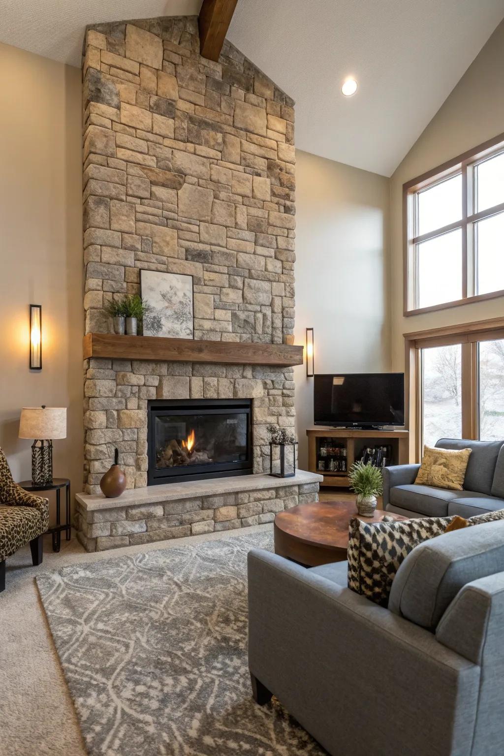 A classic stone accent wall exudes sophistication and warmth.