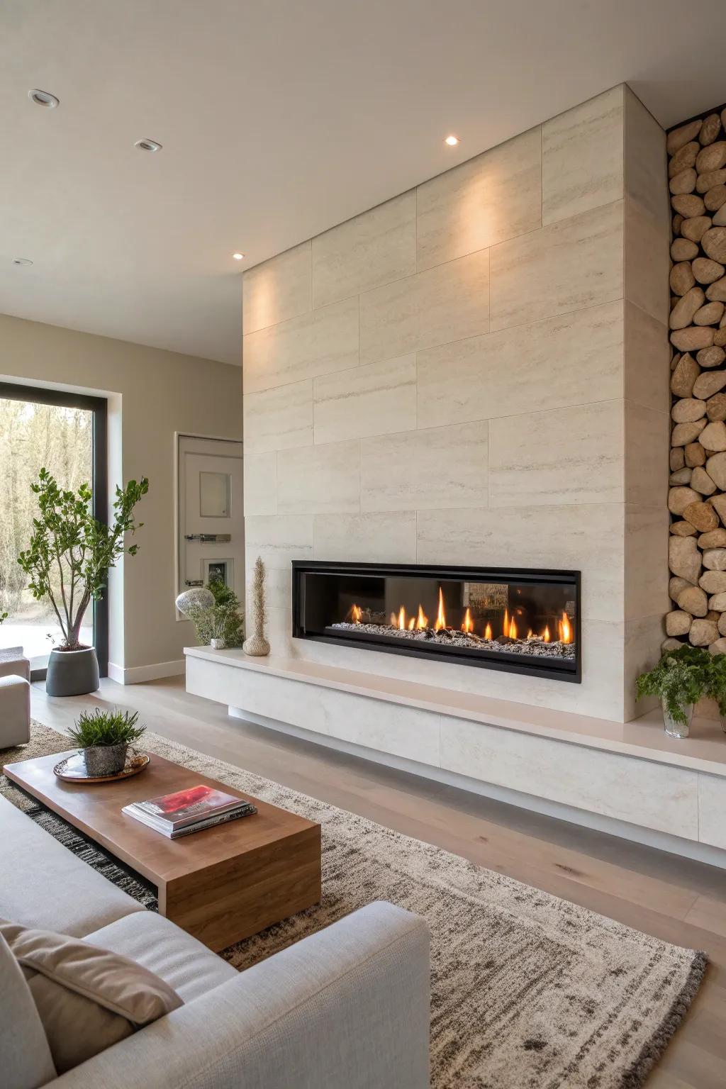 A horizontal fireplace smoothly incorporated into a minimalist living room wall.