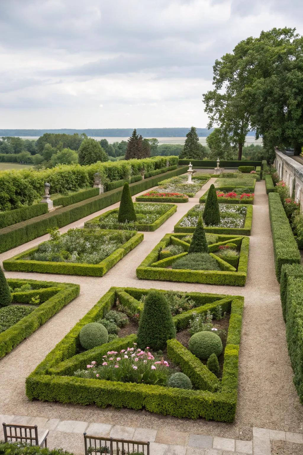 Symmetrical plant arrangements give formal gardens a sense of order and sophistication.