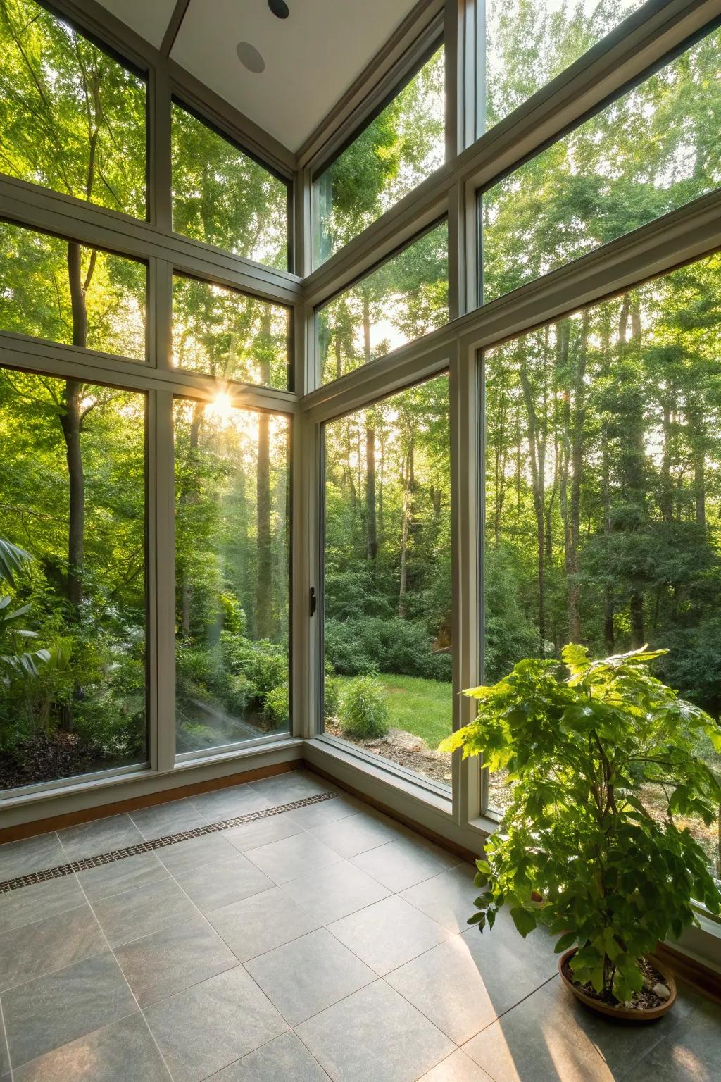 Sunlight pours into a modern sunroom, creating a delightful, cozy atmosphere.