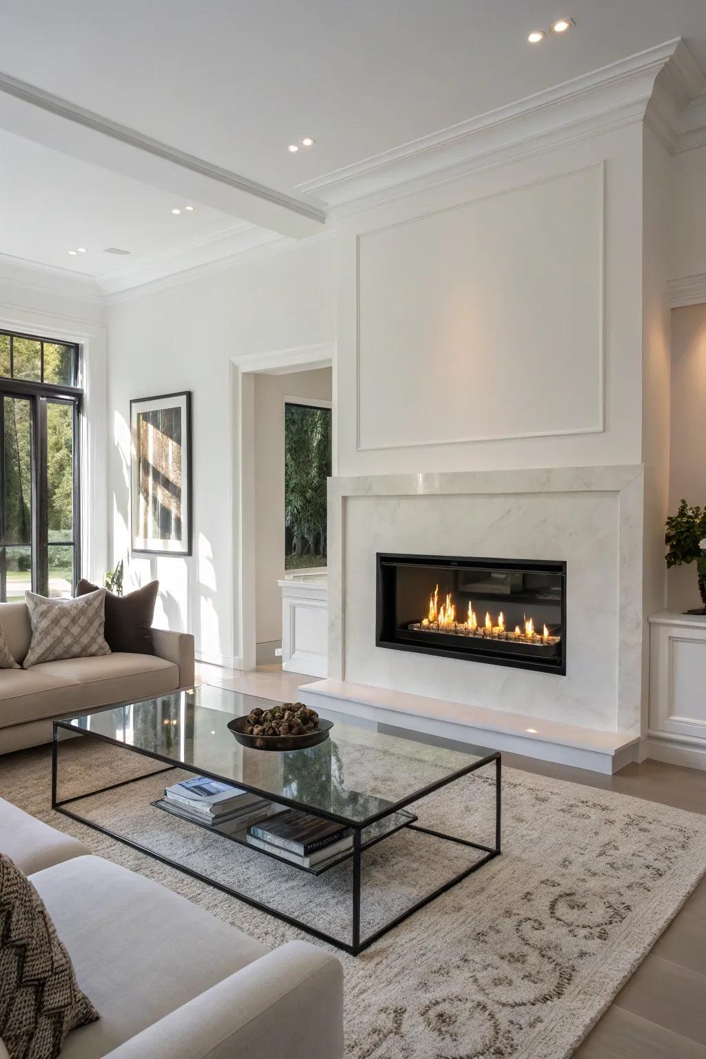 A wall-integrated gas fireplace set in a minimalist space.