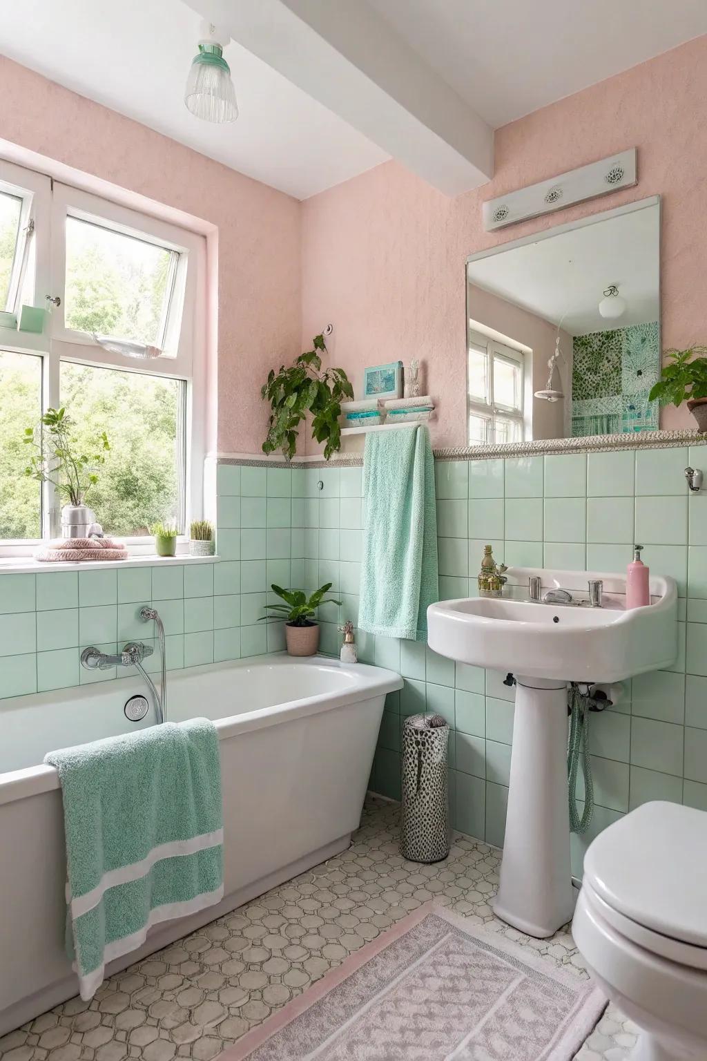 A bathroom showcasing a soft pastel palette with blush pink walls and mint green accents.