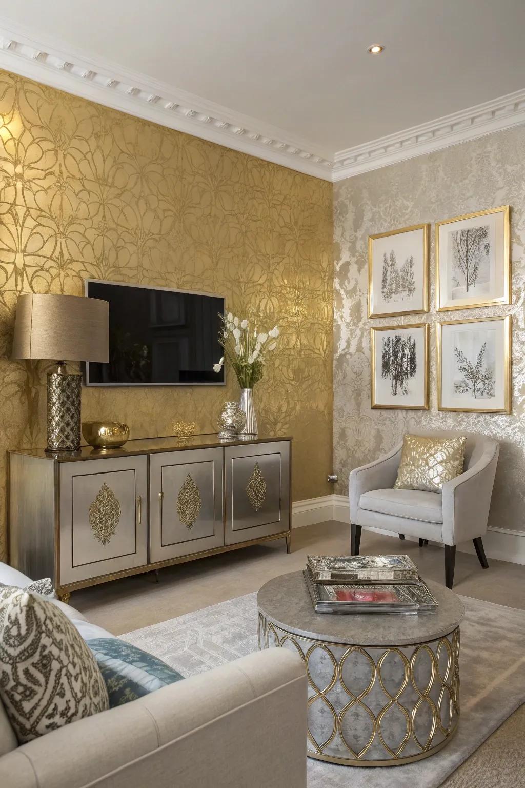 An eye-catching gold accent wall sets the tone for a sophisticated living area.