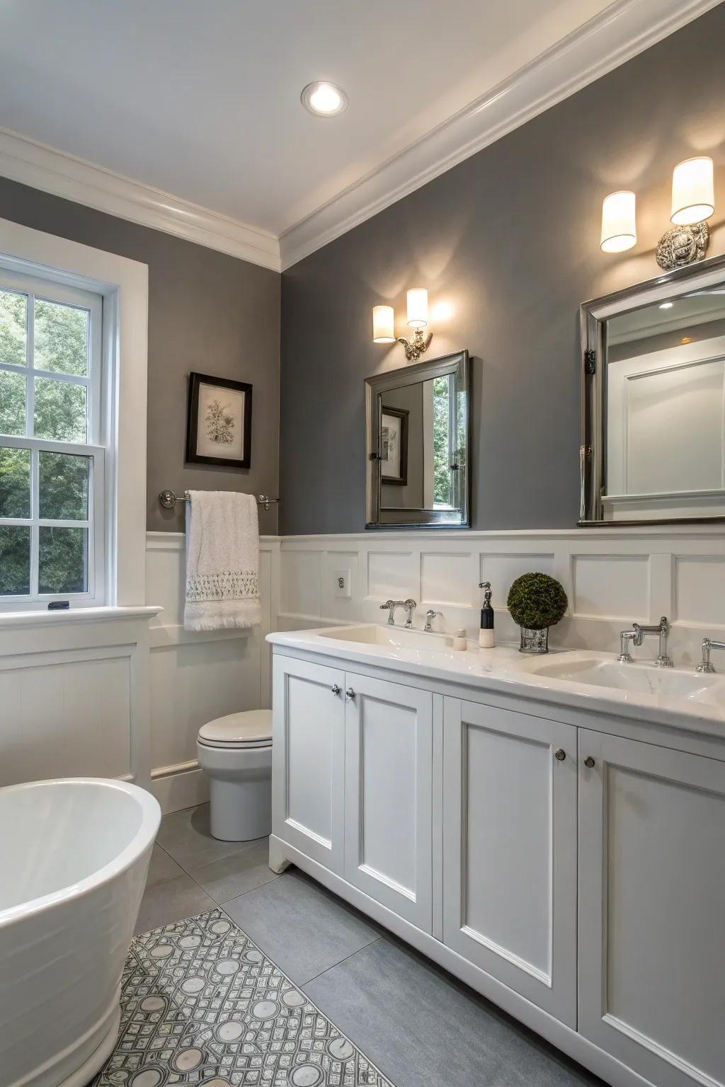 A harmonious combination of gray and white establishes a serene bathroom atmosphere.