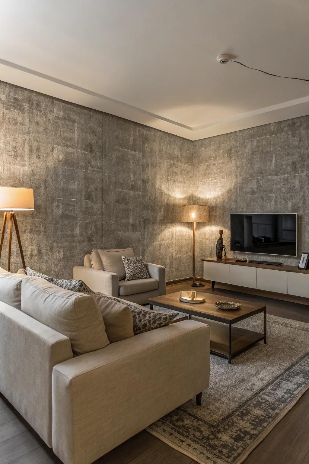 Textured grey wallpaper introduces depth to the living room.