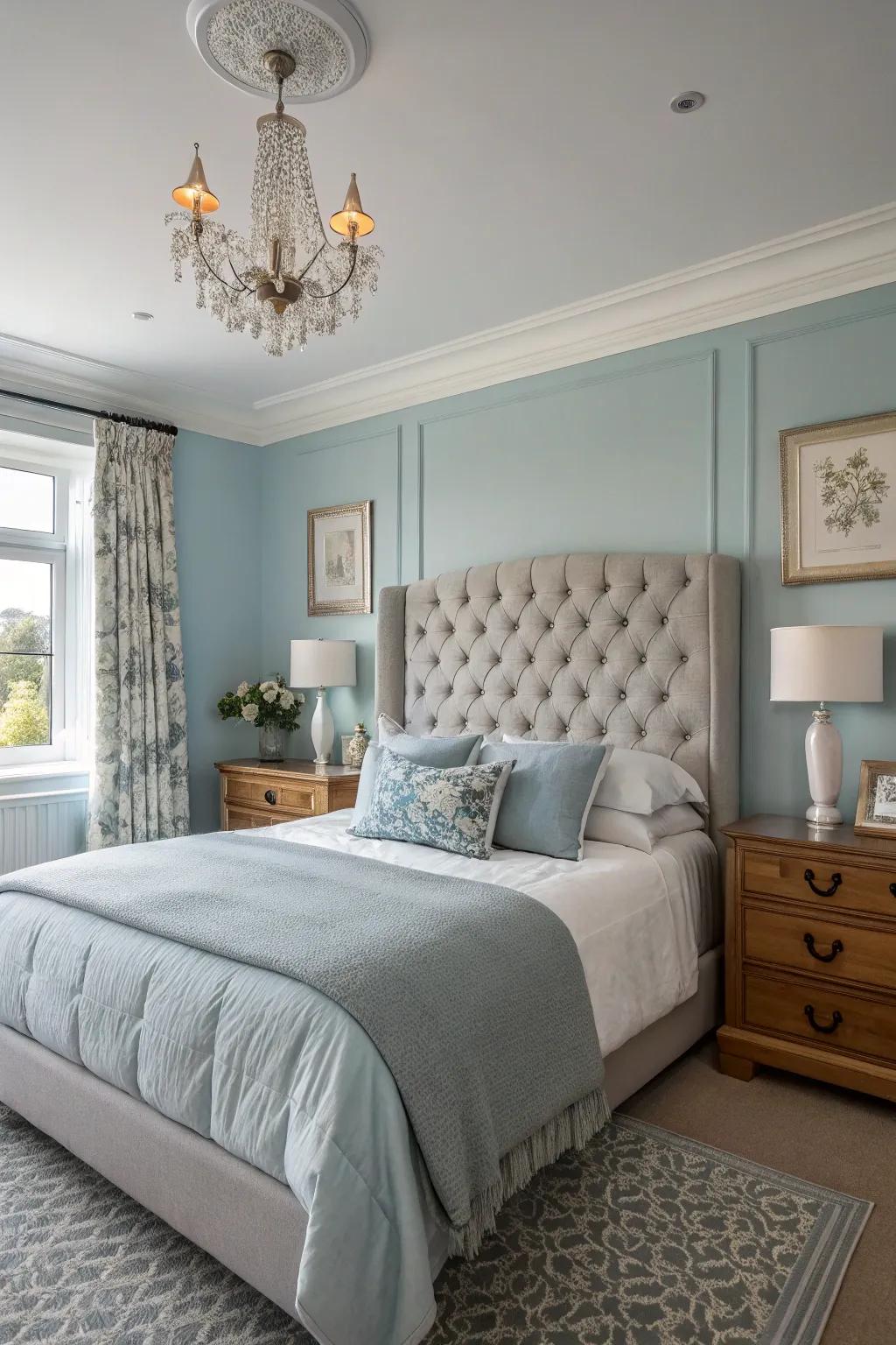 A peaceful bedroom featuring gentle blue walls and grey accents provides a calming retreat.