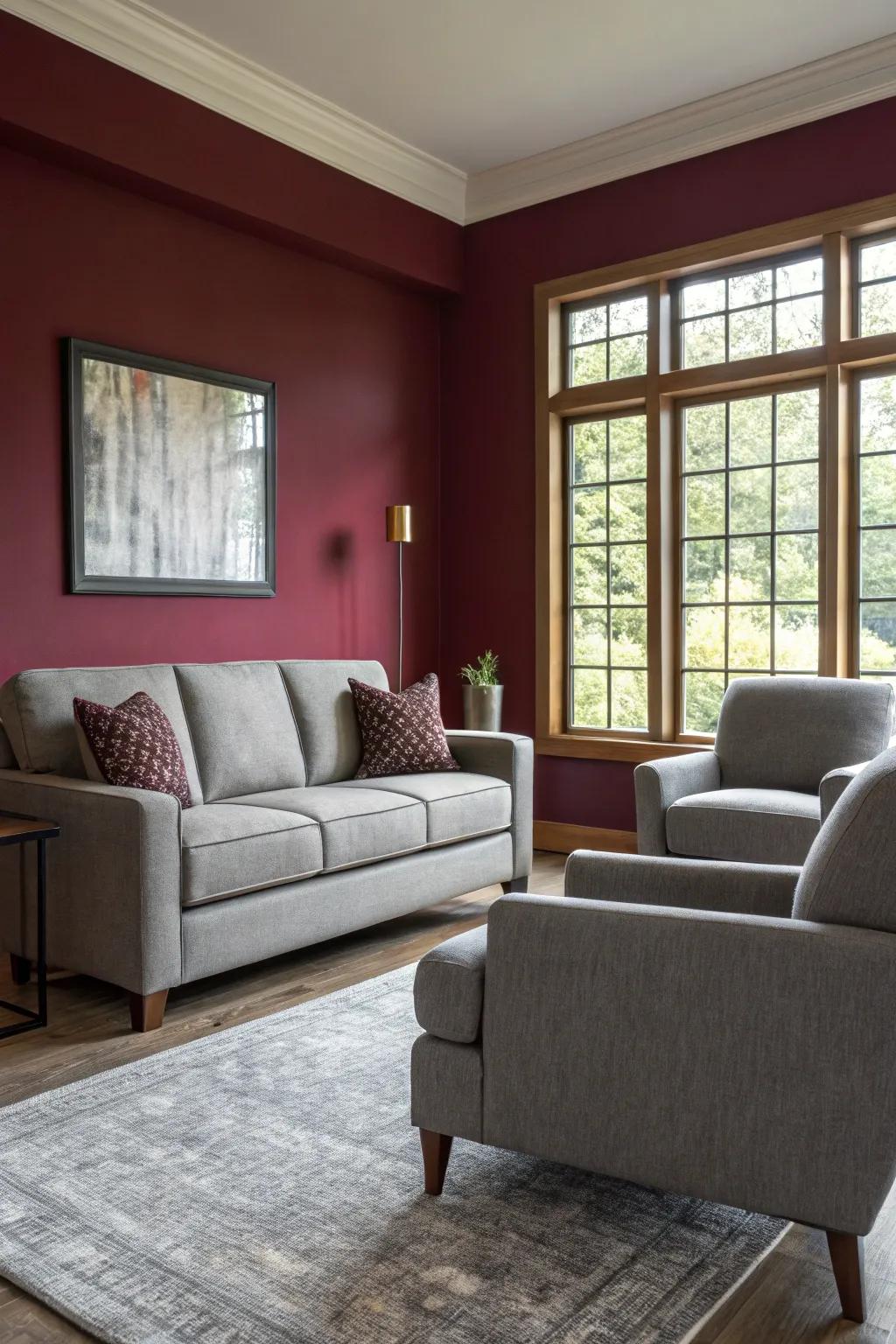 Living room with a bold burgundy accent wall and modern grey furniture.