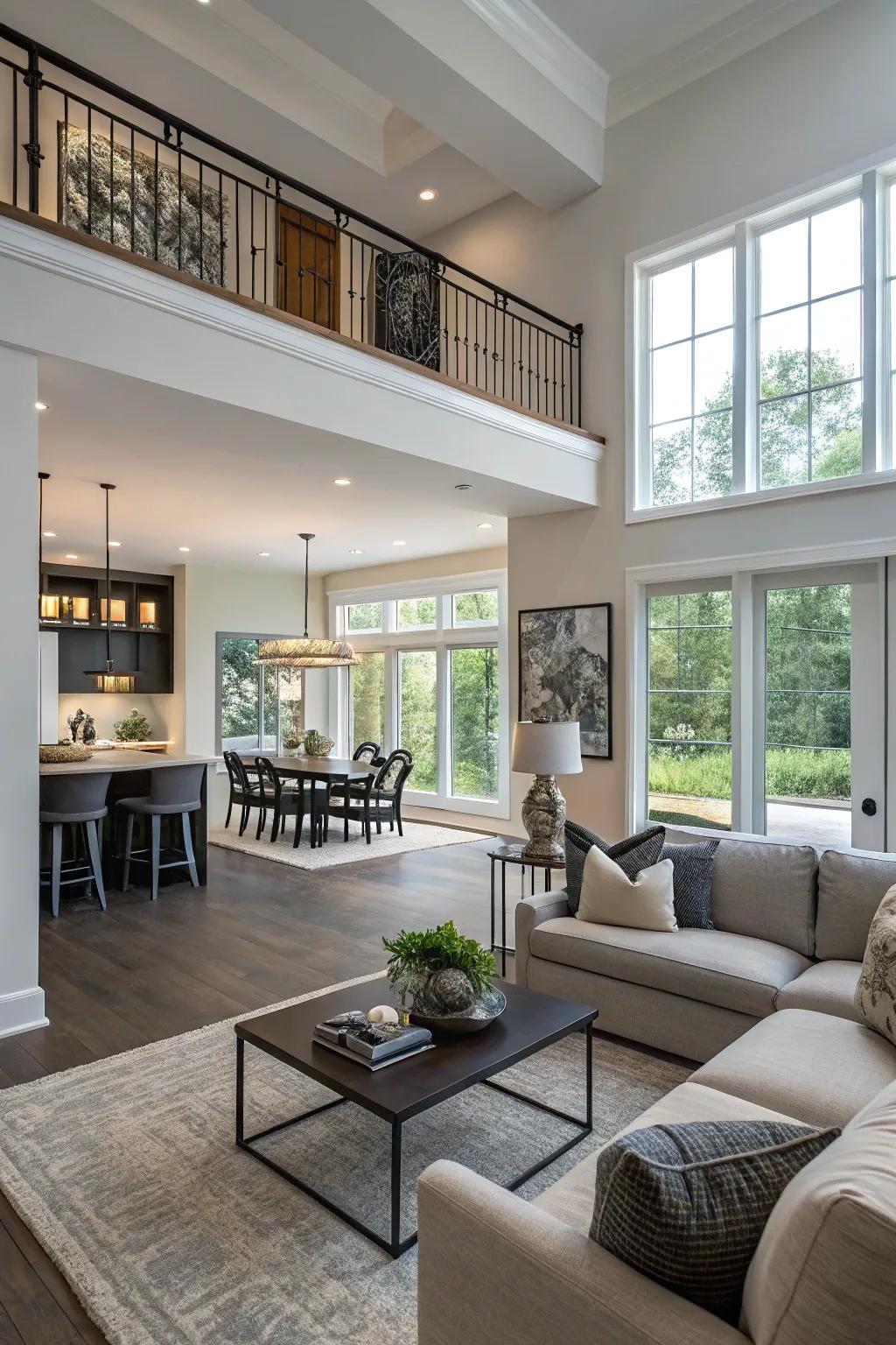 A contemporary open layout with a half wall generates separate yet unified zones.