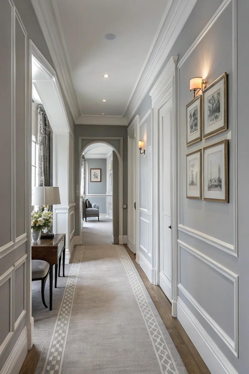 A soft gray hallway creates a timeless and versatile appeal.