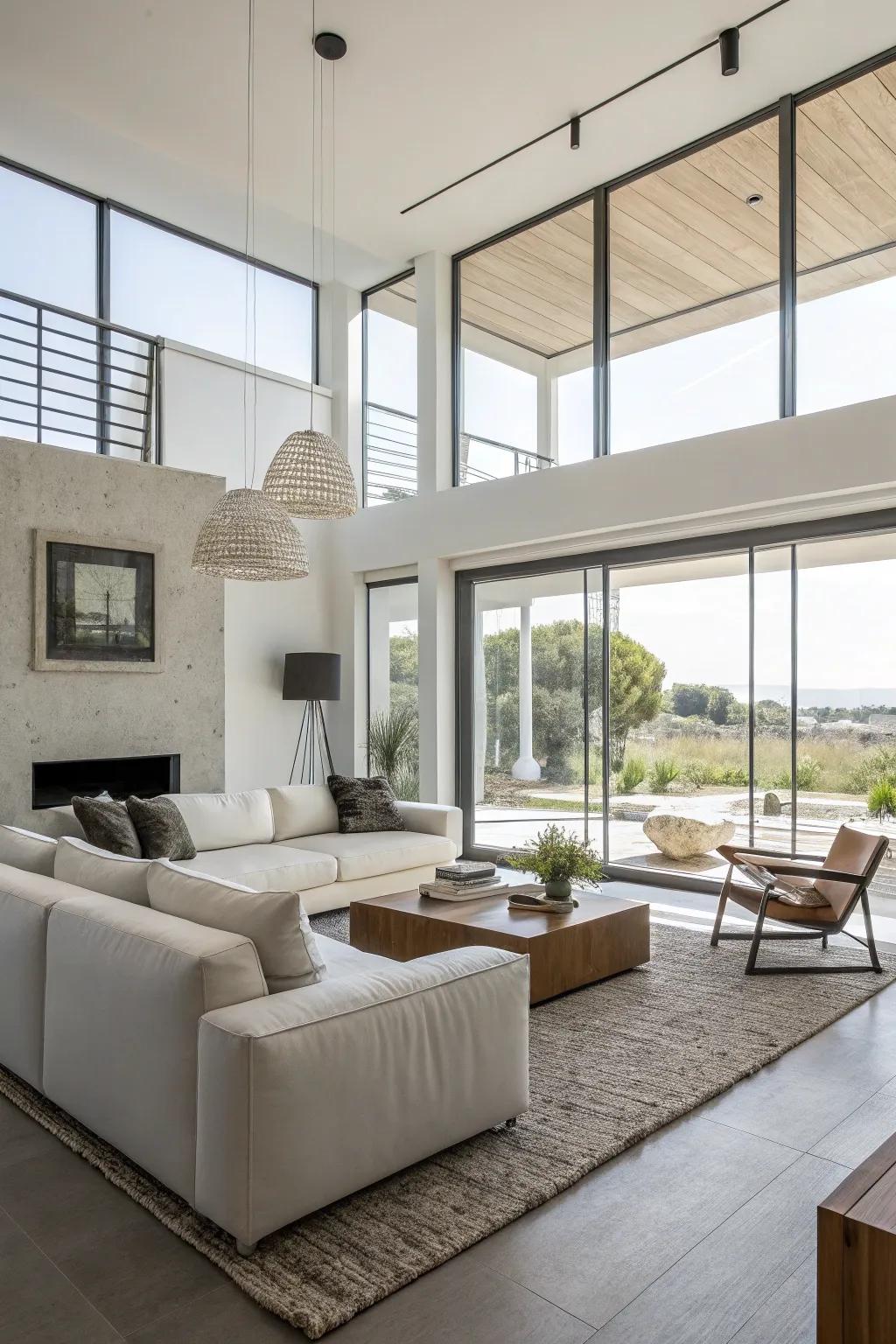 A serene living room showcases minimalist design principles, radiating peace and simplicity.