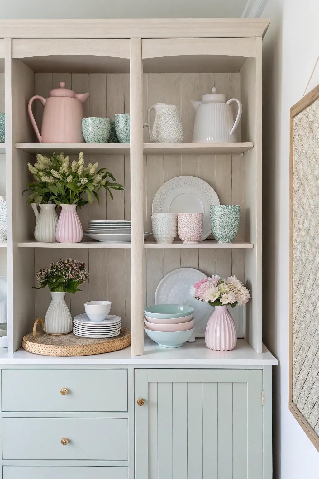 Light and muted colors create a calm and fashionable display cabinet arrangement.