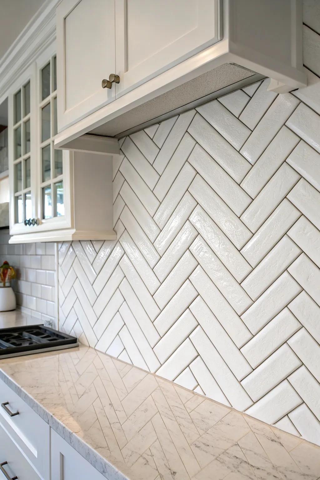 A modern twist on classic subway tiles with a herringbone pattern.