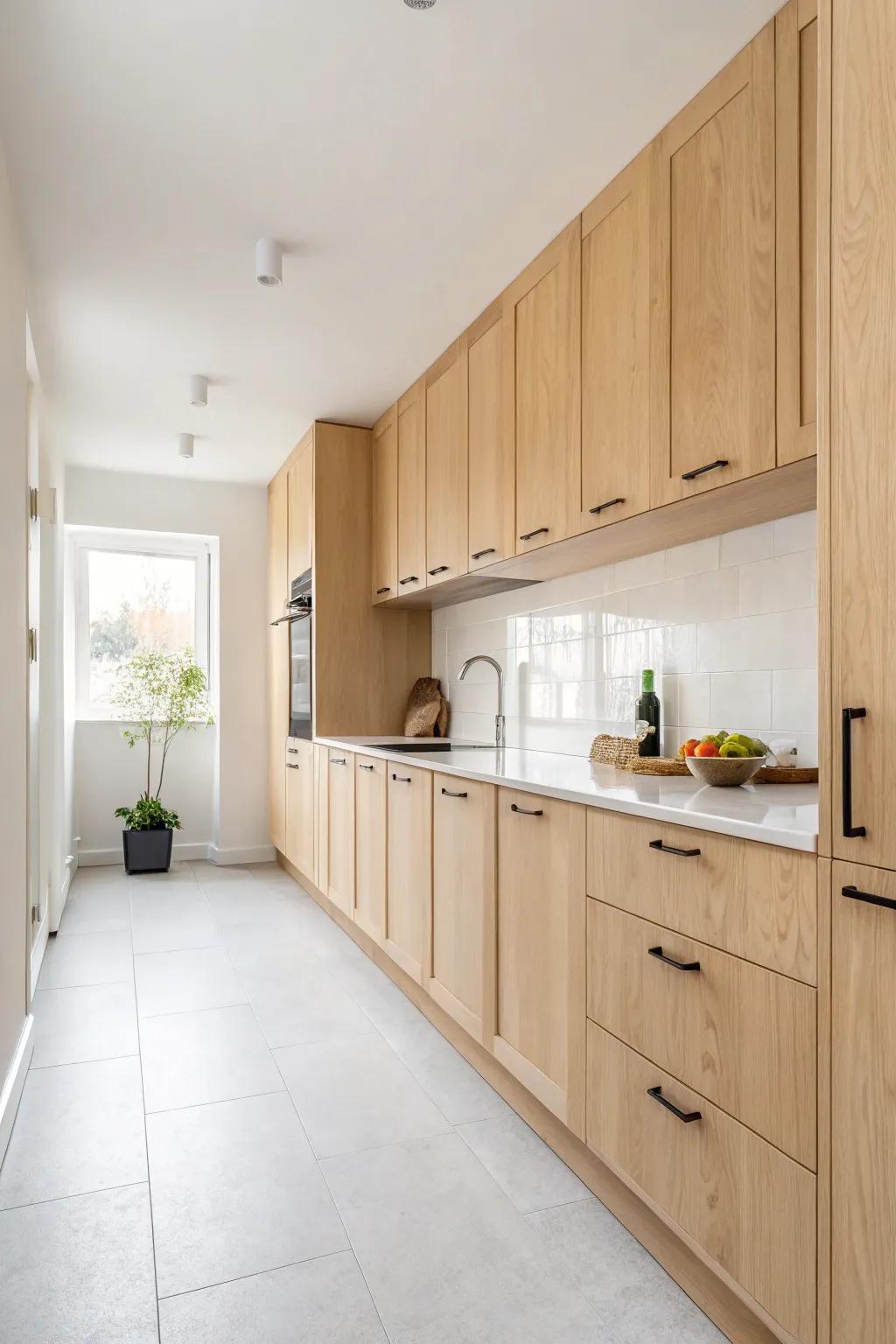 A minimalist kitchen featuring pale walnut cabinets with clean lines and subtle elegance.