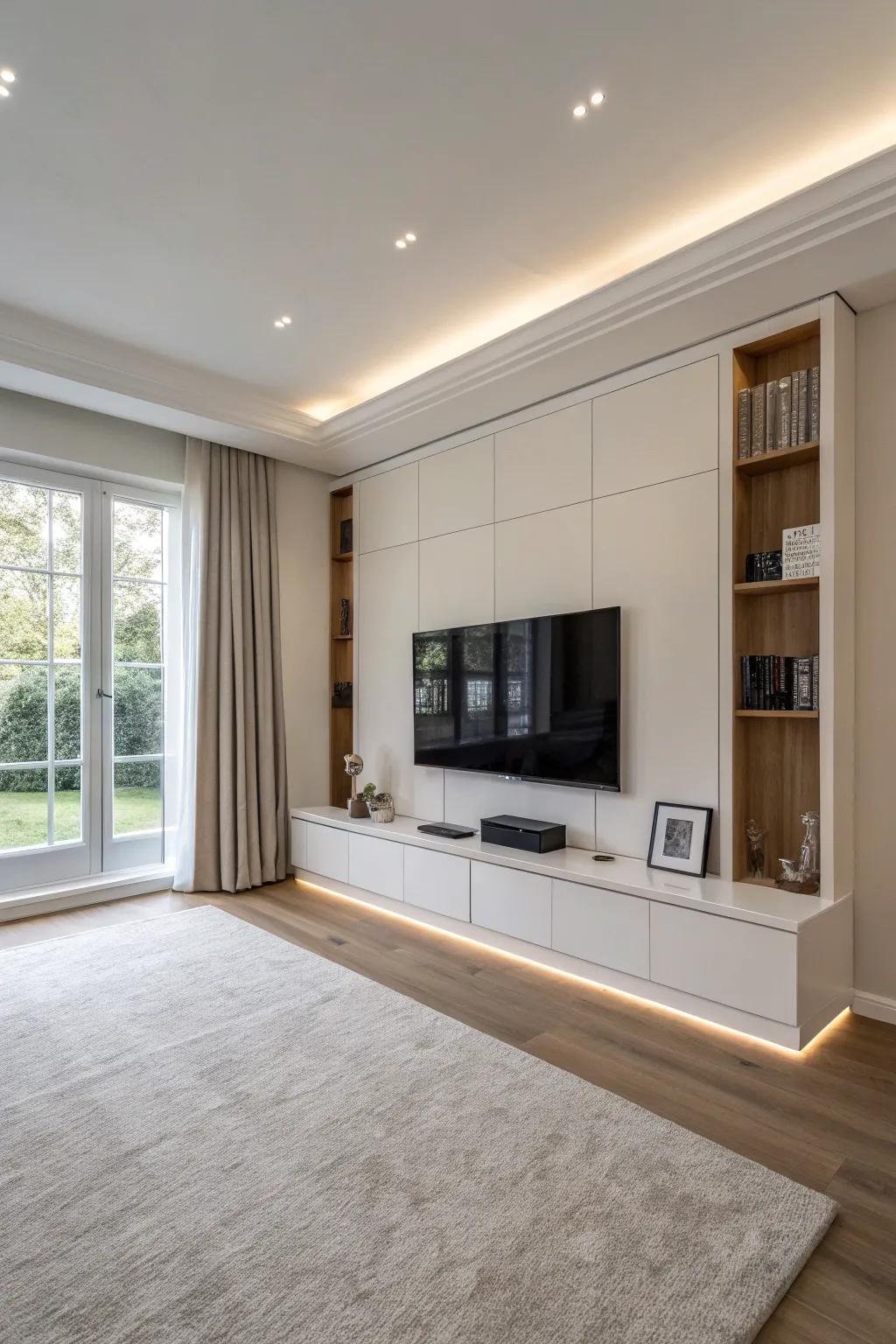 A minimalist floating media wall offering a clean and modern aesthetic.