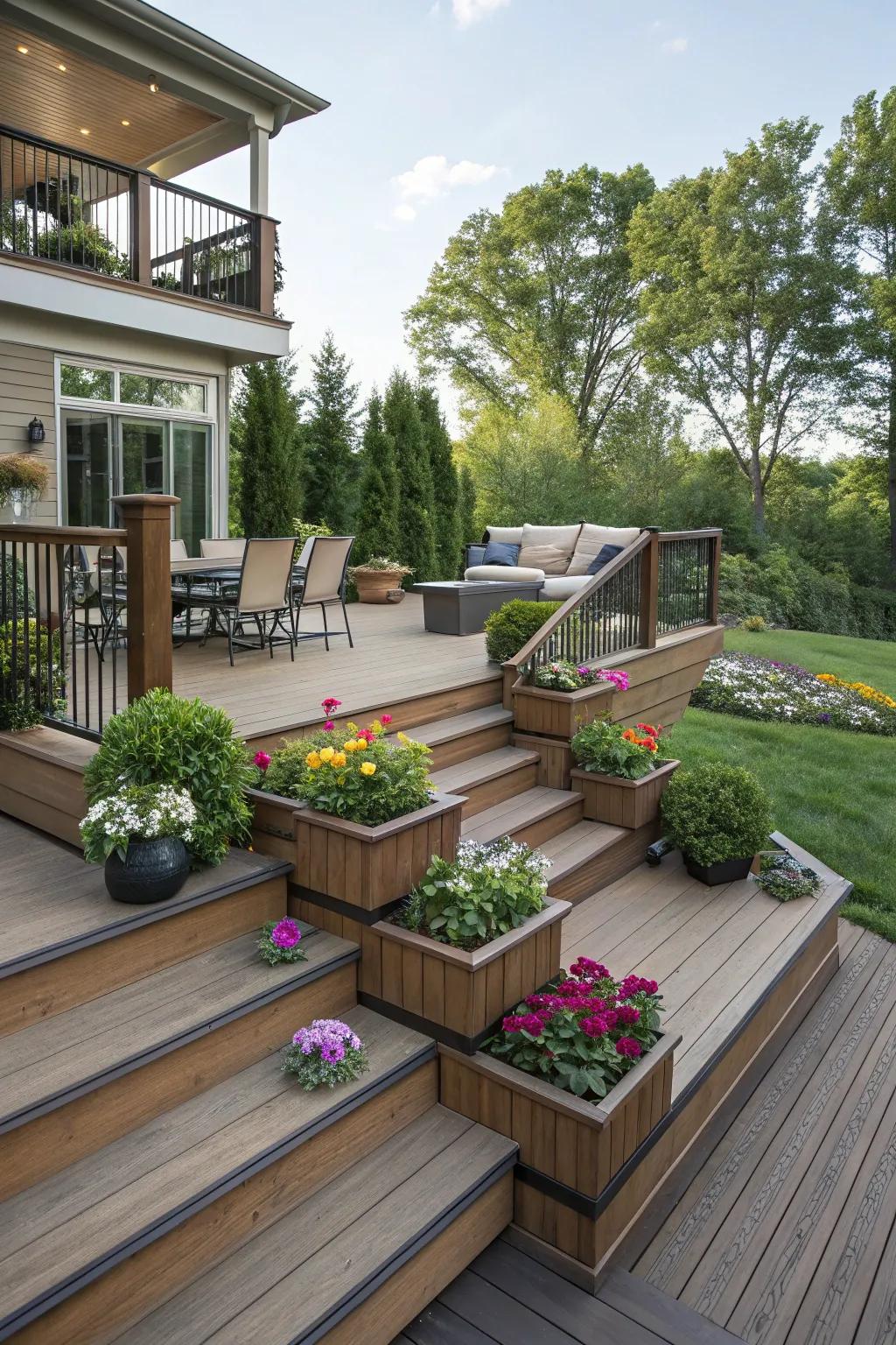 A beautifully layered deck providing multiple viewpoints and comfortable seating.