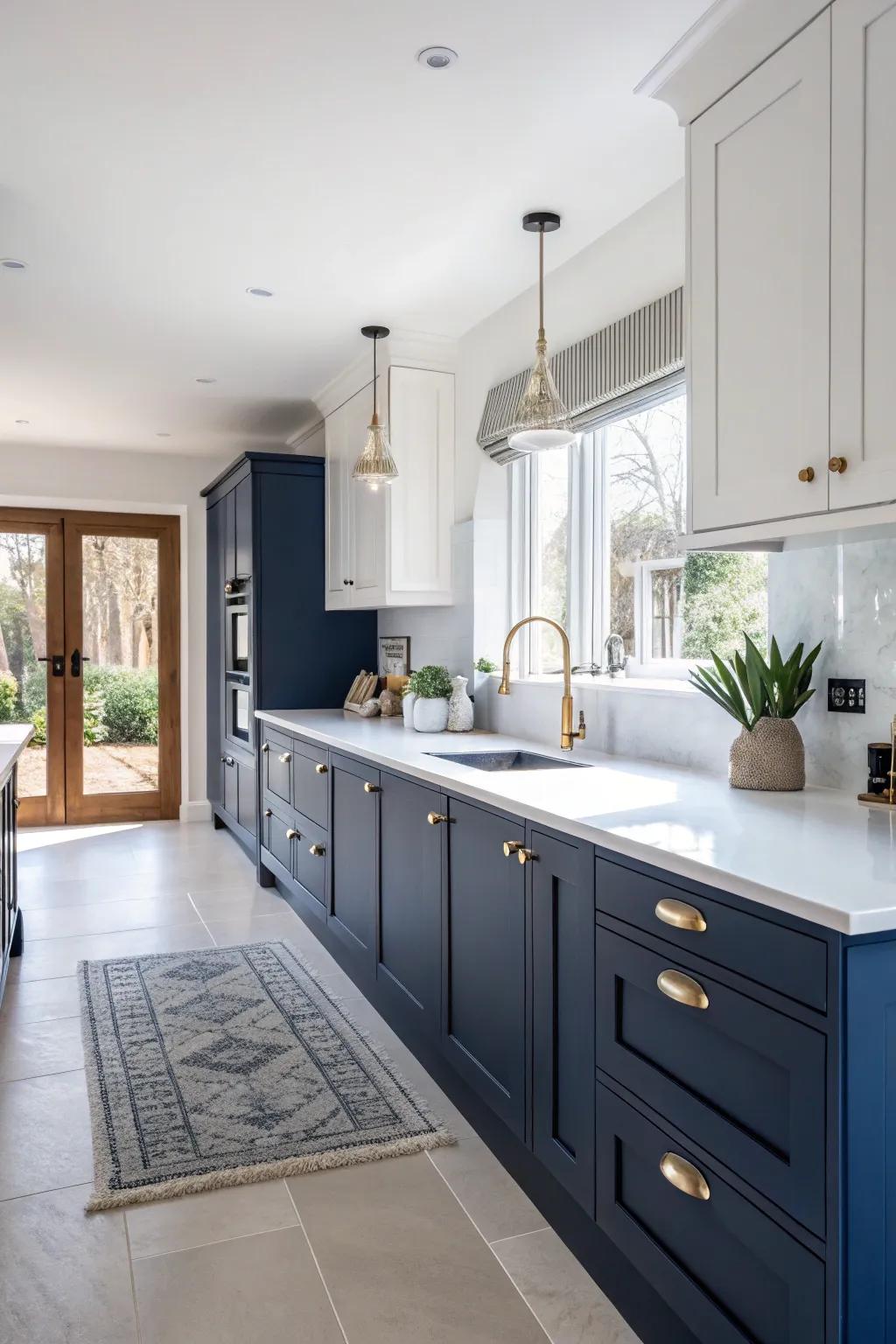 Deep sea-inspired cabinets and bright white countertops create a refreshing and stylish kitchen ambience.