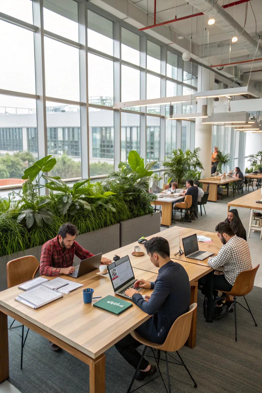 An open office arrangement featuring collaborative workspaces centered around a large communal table.