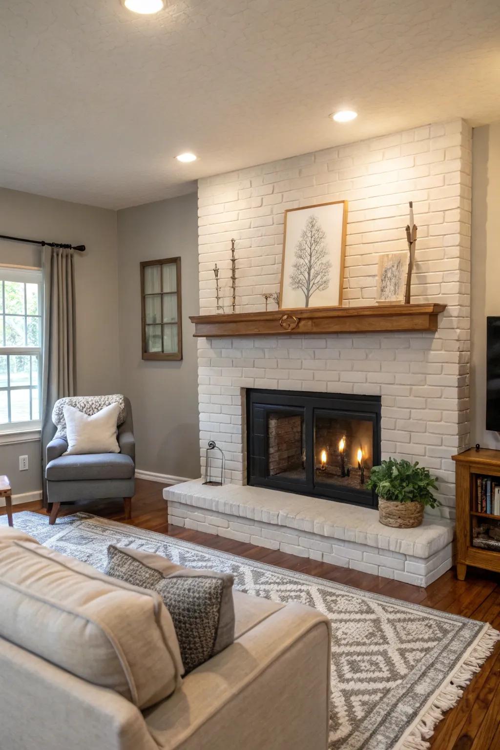 Gray painted brick fireplace showcasing modern elegance.