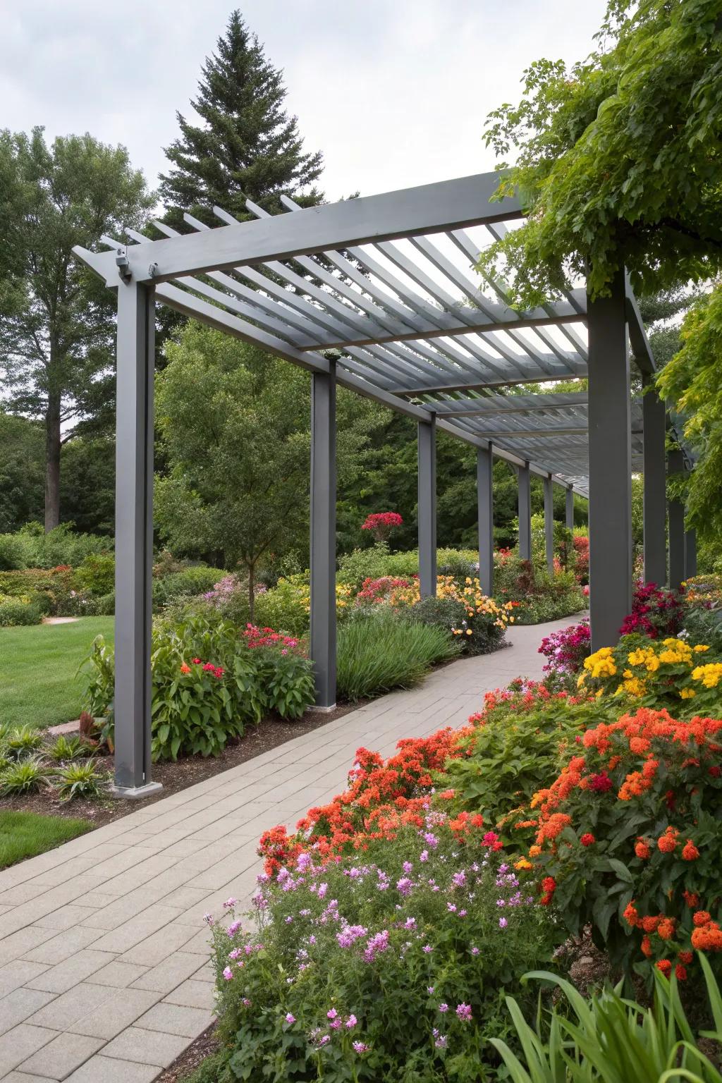 A refined metal pergola adds a modern flair to your garden.