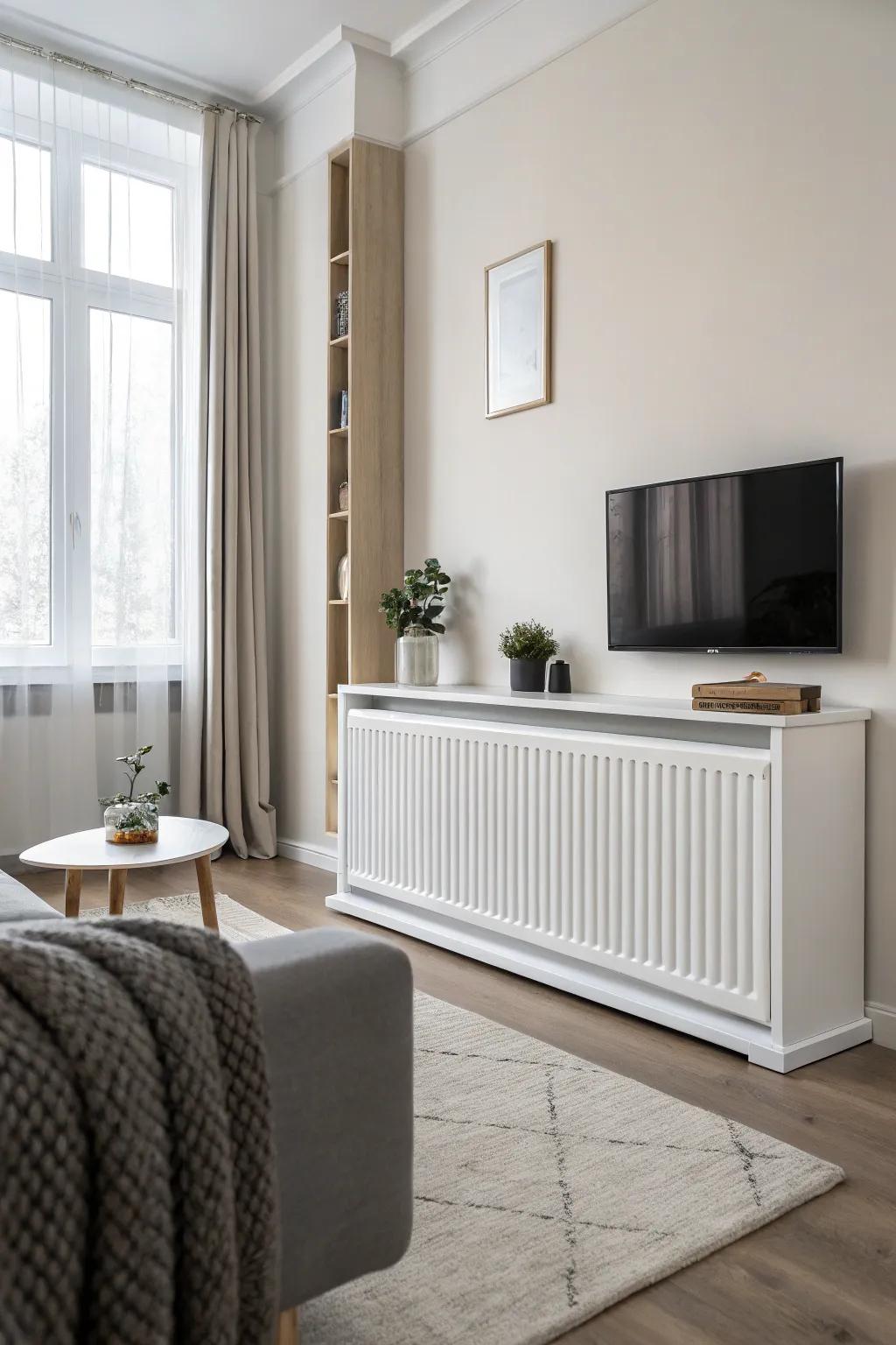A simple living space showcasing an elegant radiator shield.