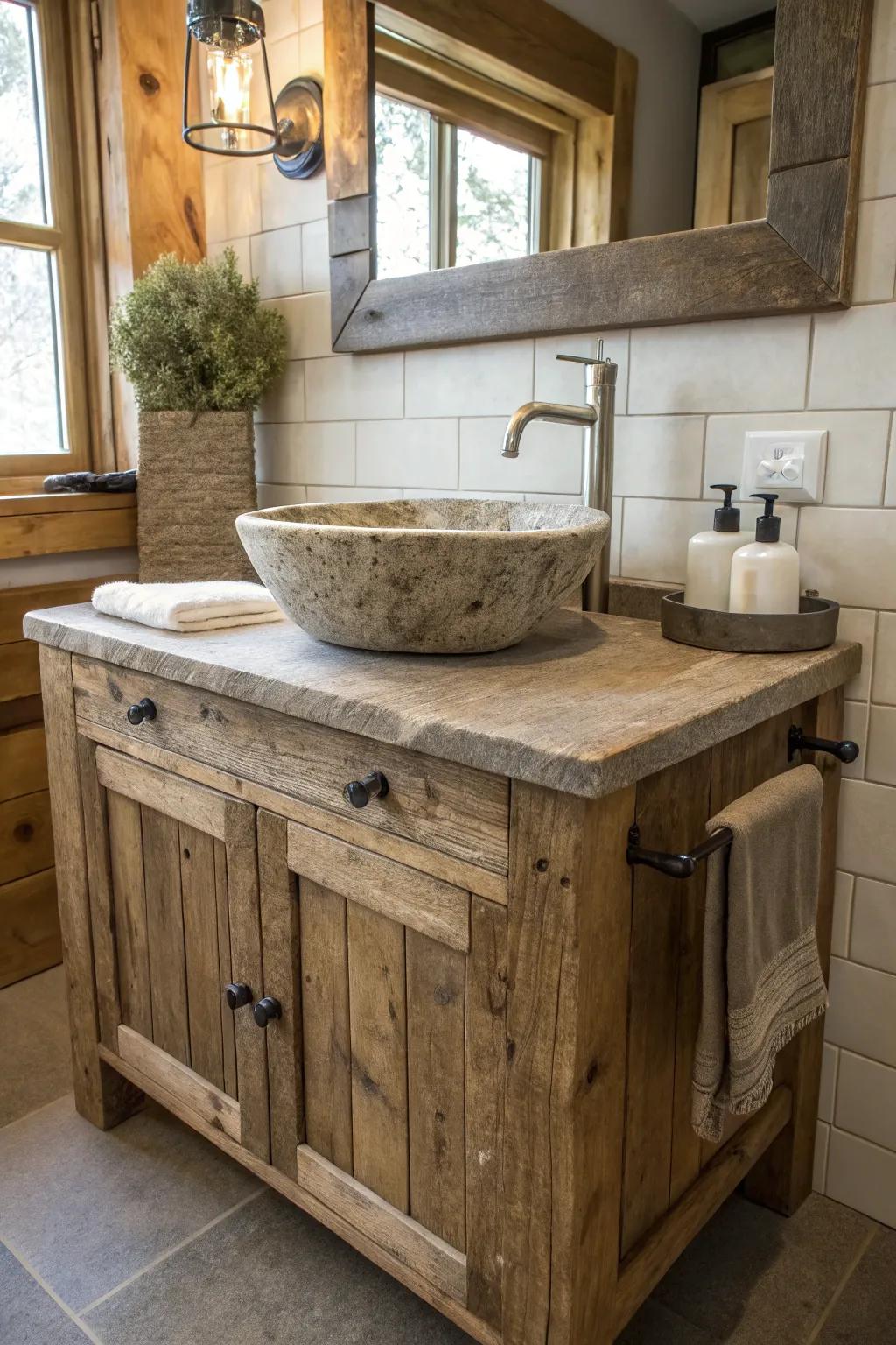 A reclaimed wooden vanity complemented by modern fixtures, achieving the quintessential rustic aesthetic.