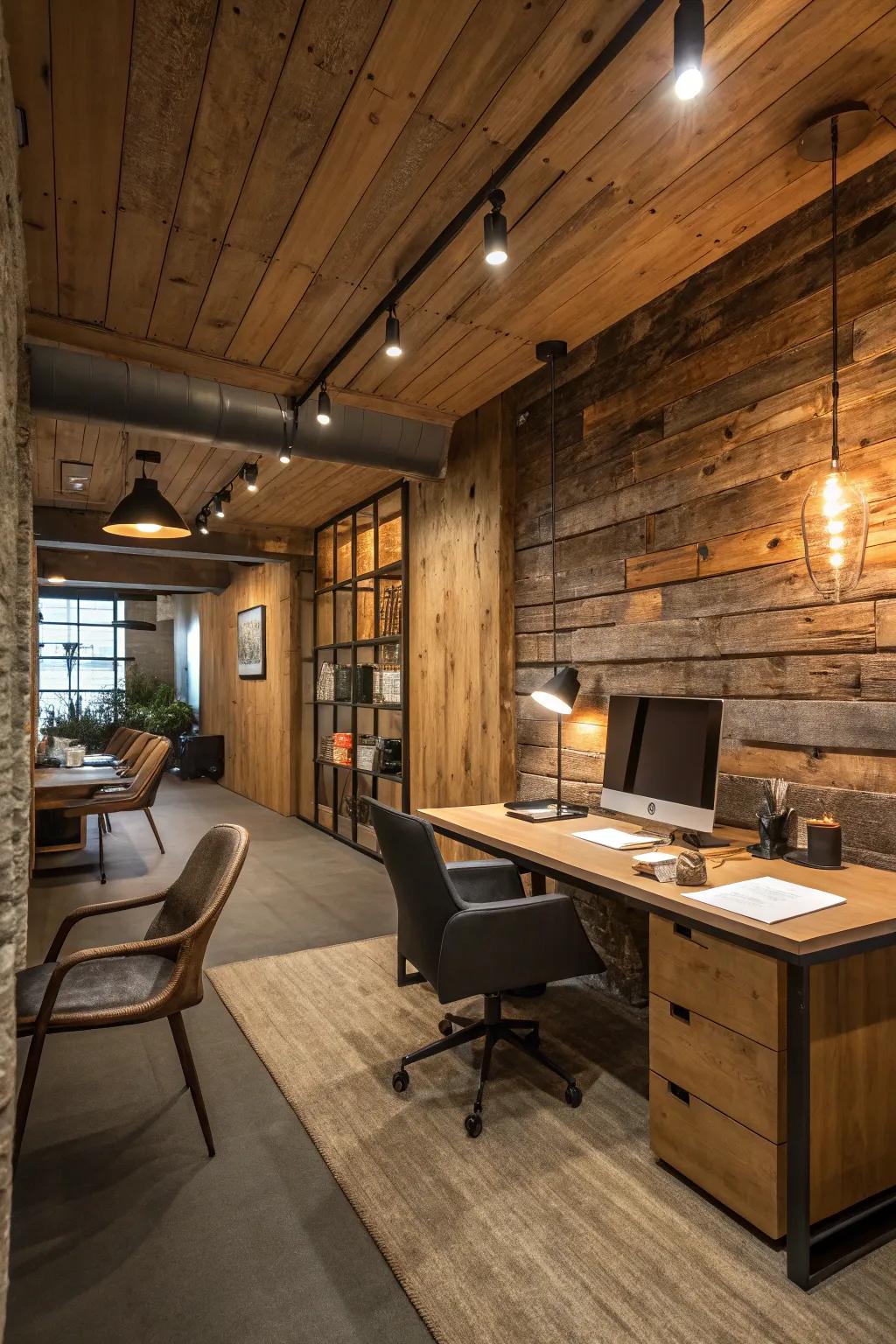 Upcycled wood walls establish a comfortable environment in a contemporary rustic office.