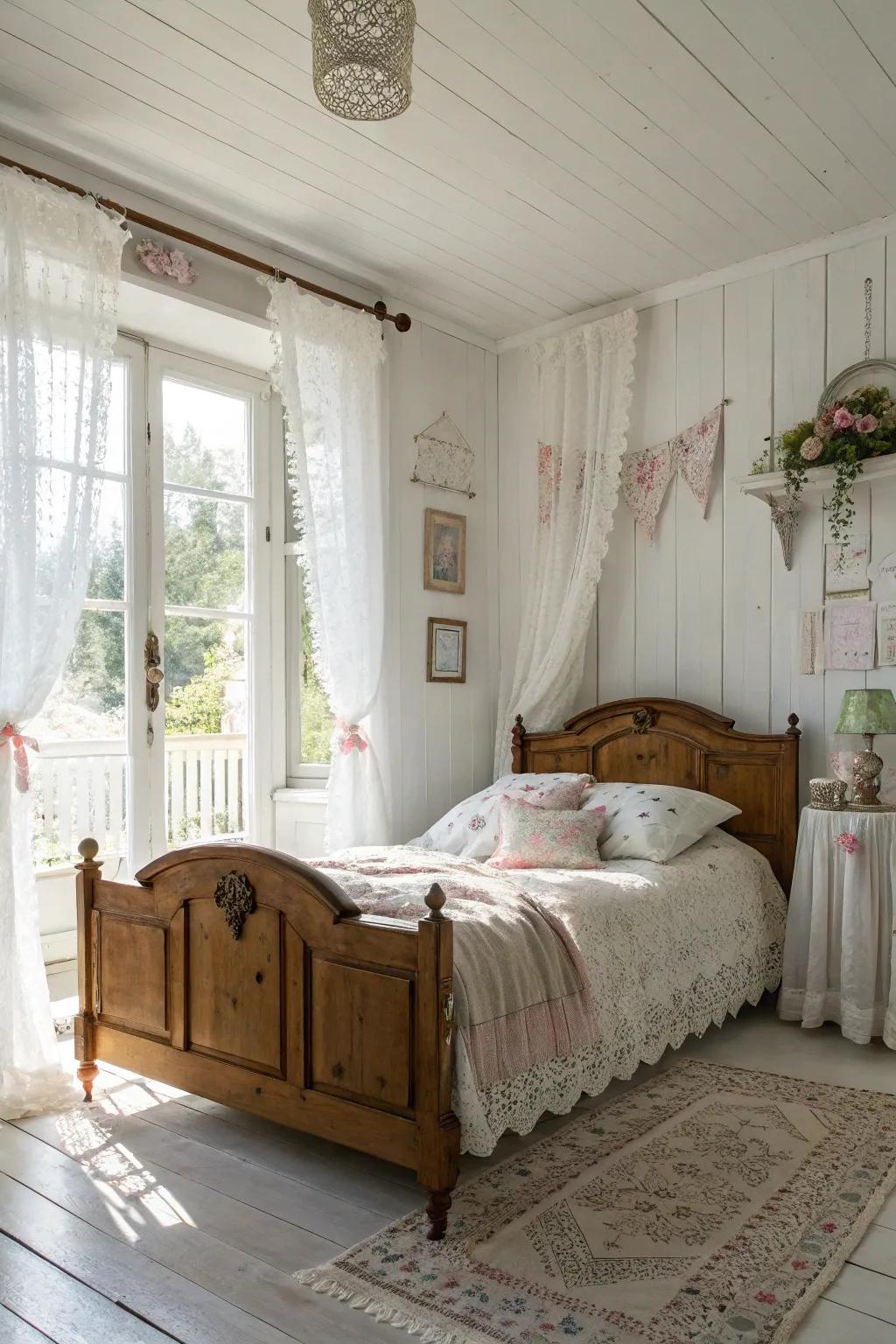 A shabby chic bedroom featuring an all-white backdrop creating a serene atmosphere.