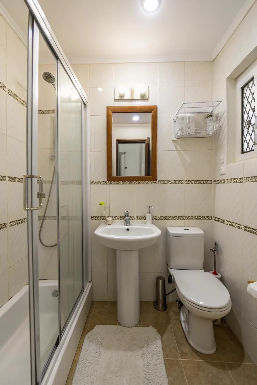 A minimalist, small bathroom featuring clean lines.