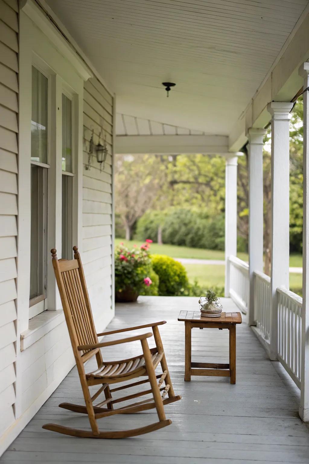A minimalist compact front porch showcasing streamlined design and understated, refined furniture.