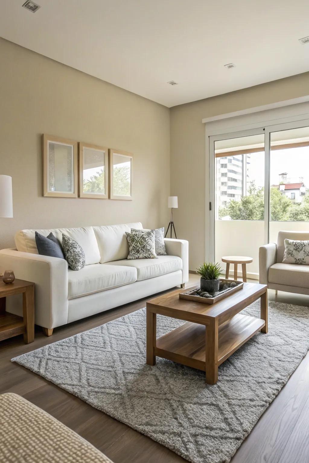 A small living room showcased with neutral tones and elegant furniture, giving it a spacious feel.
