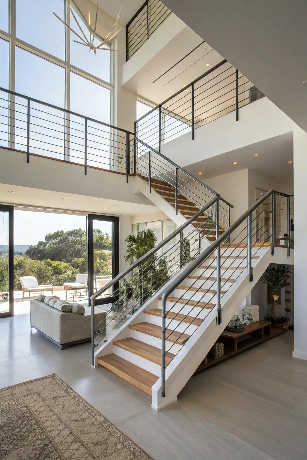 Simple metal railings creating an open atmosphere in a contemporary home.