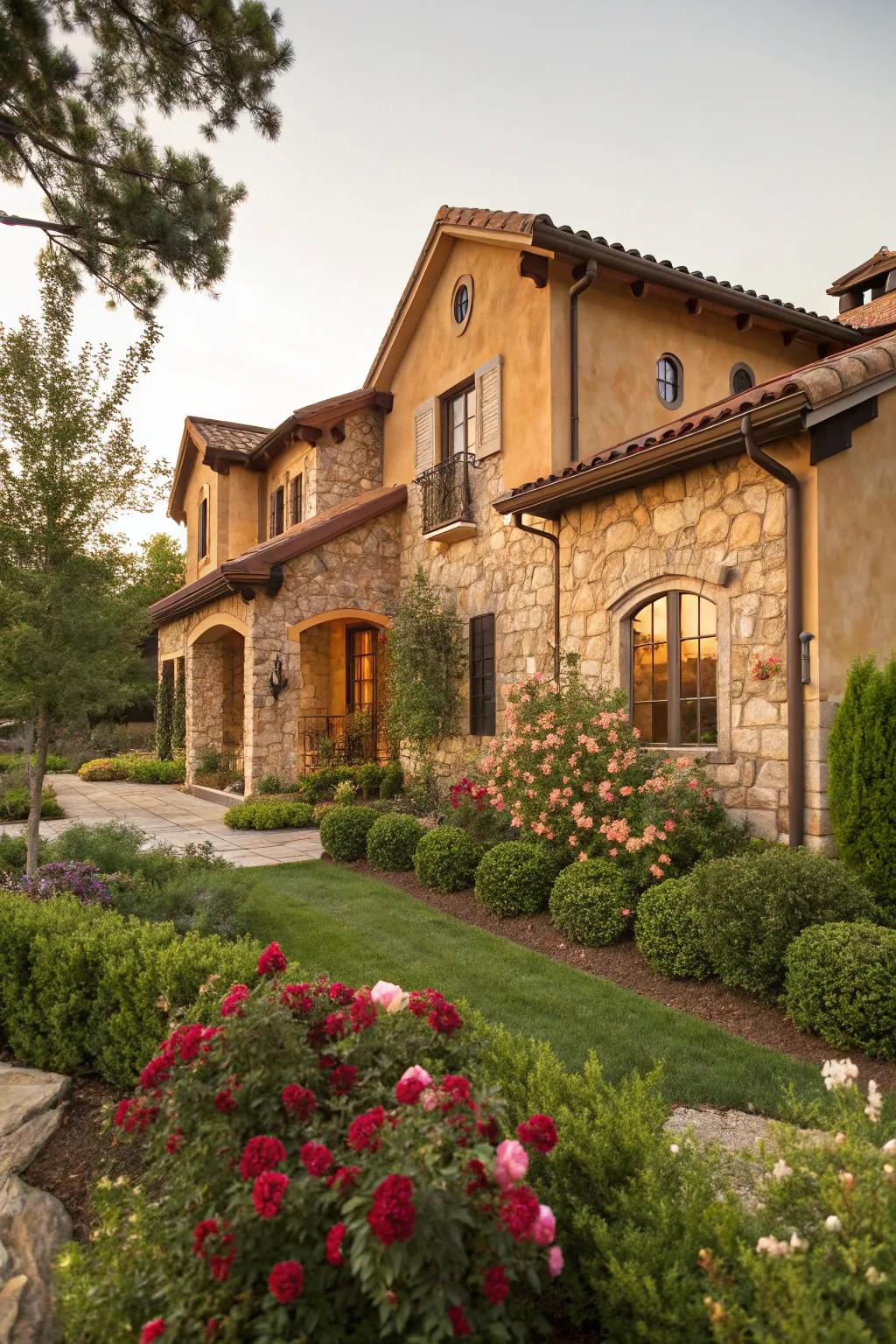 Stucco house showcasing subtle beige and stone features.