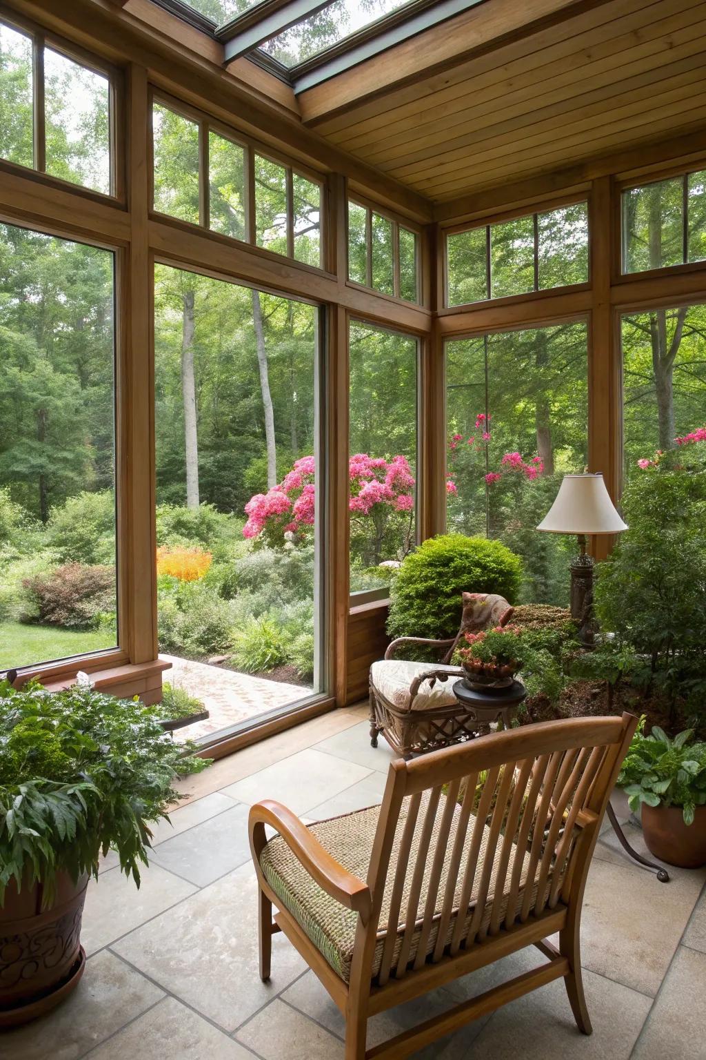 Large windows in a sunroom perfectly connecting indoor and outdoor spaces.