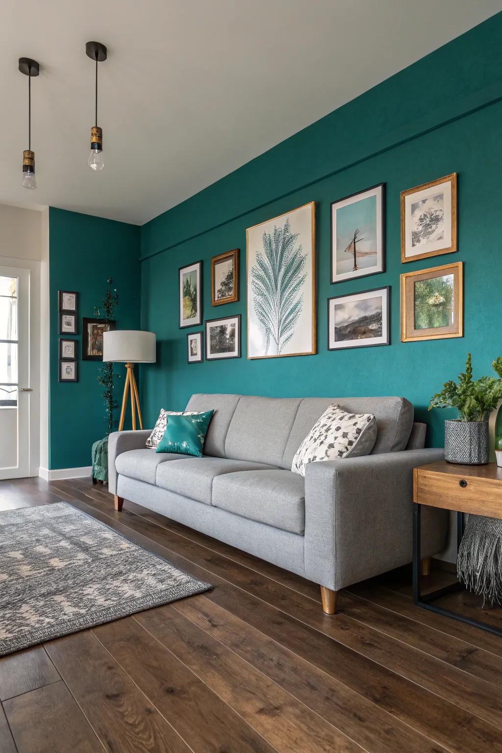 A teal accent wall paired with a gray couch adds instant charm.