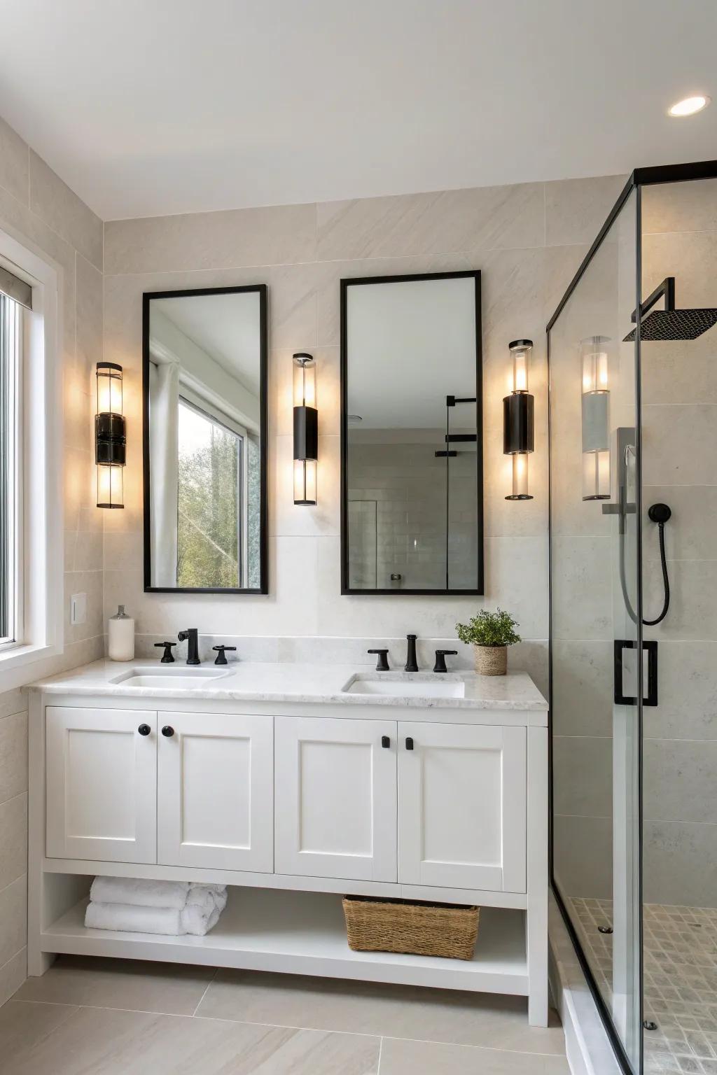 Elegant wall sconces enhancing a modern bathroom.