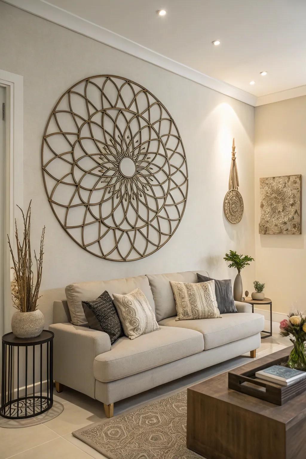 Three-dimensional metal artwork enhancing a minimalist living area.