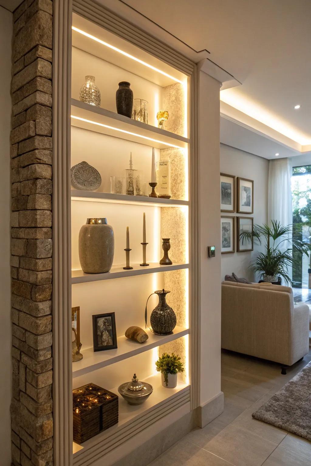 A wall niche is beautifully lit up with LED strips, making the decorations look even better.