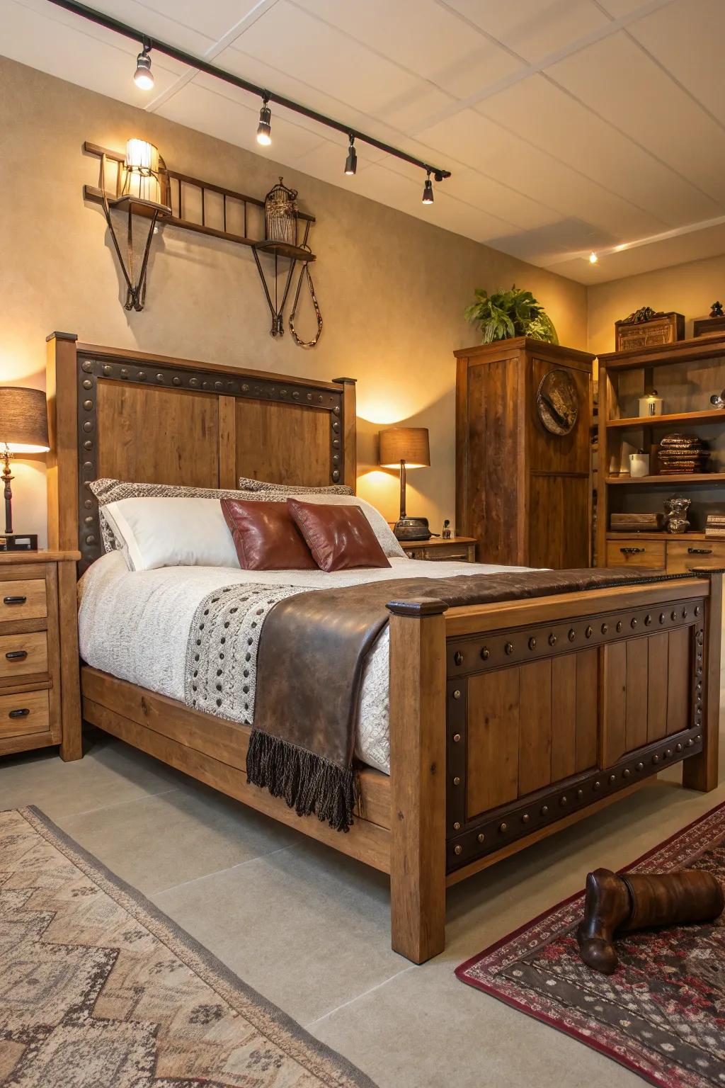 Raw materials like timber and animal skin lay the foundation for an inviting western bedroom.