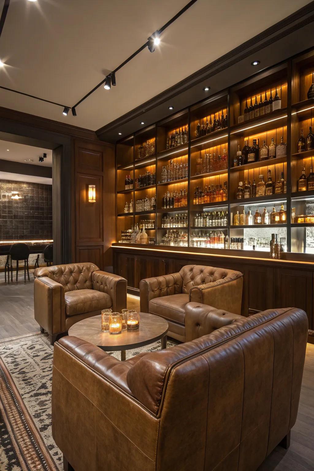 High-end leather seating creates the perfect setting for relaxation in your whiskey room.