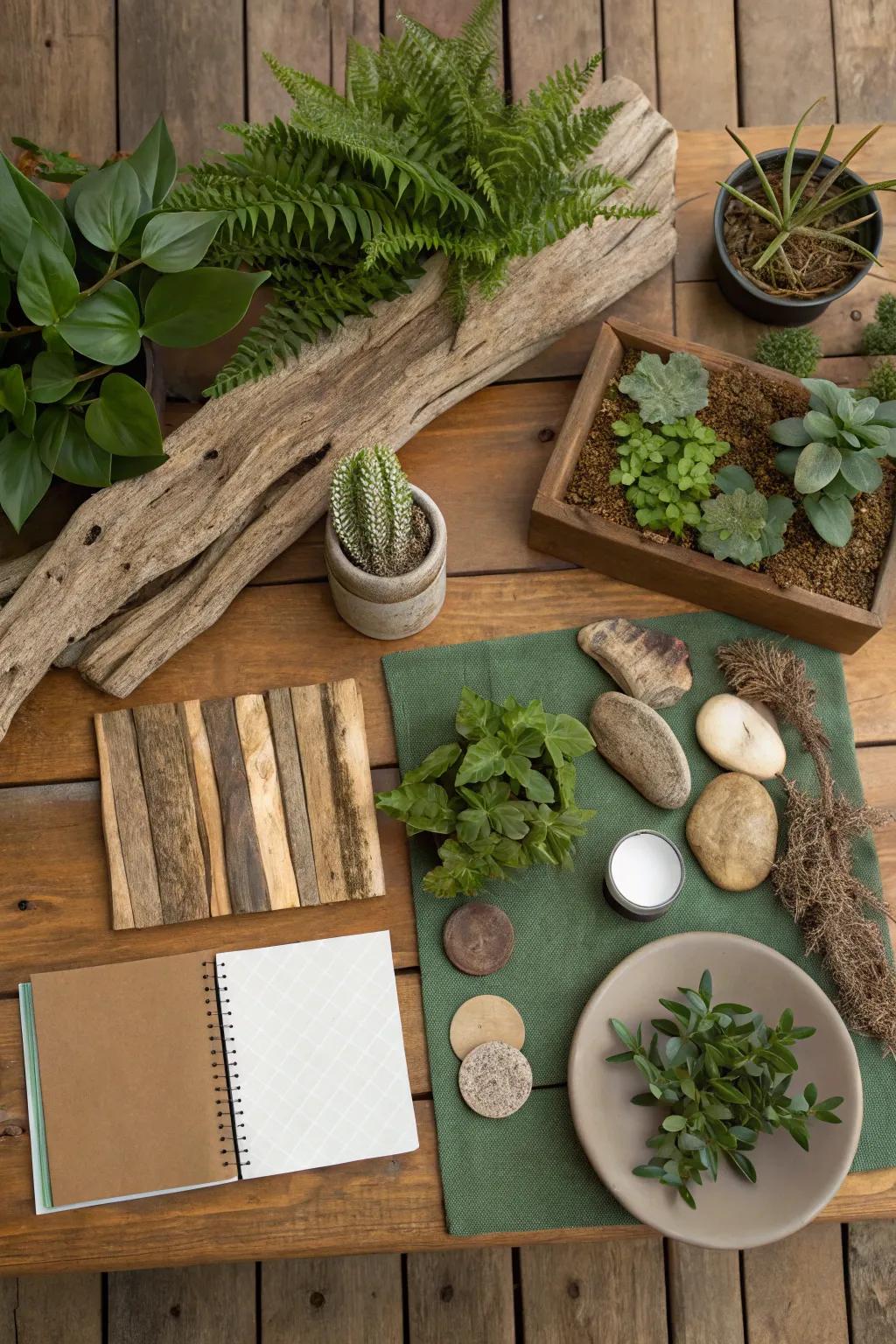 A nature-centric mood board showcasing soothing, earth-inspired details.