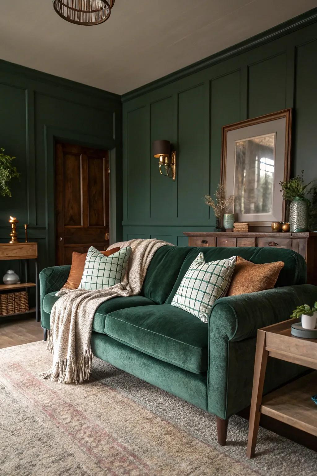 A living room featuring deep green walls and soft textures for an atmospheric mood.