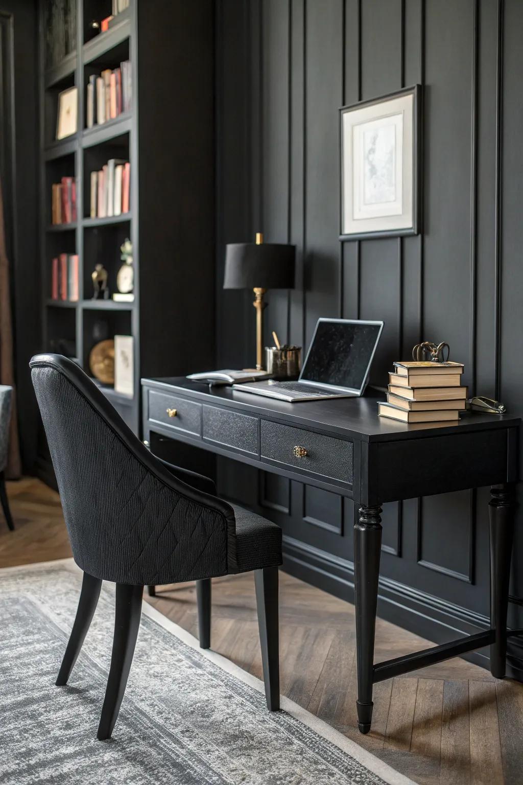 A cohesive integration of dark shades for an elegant office mood.