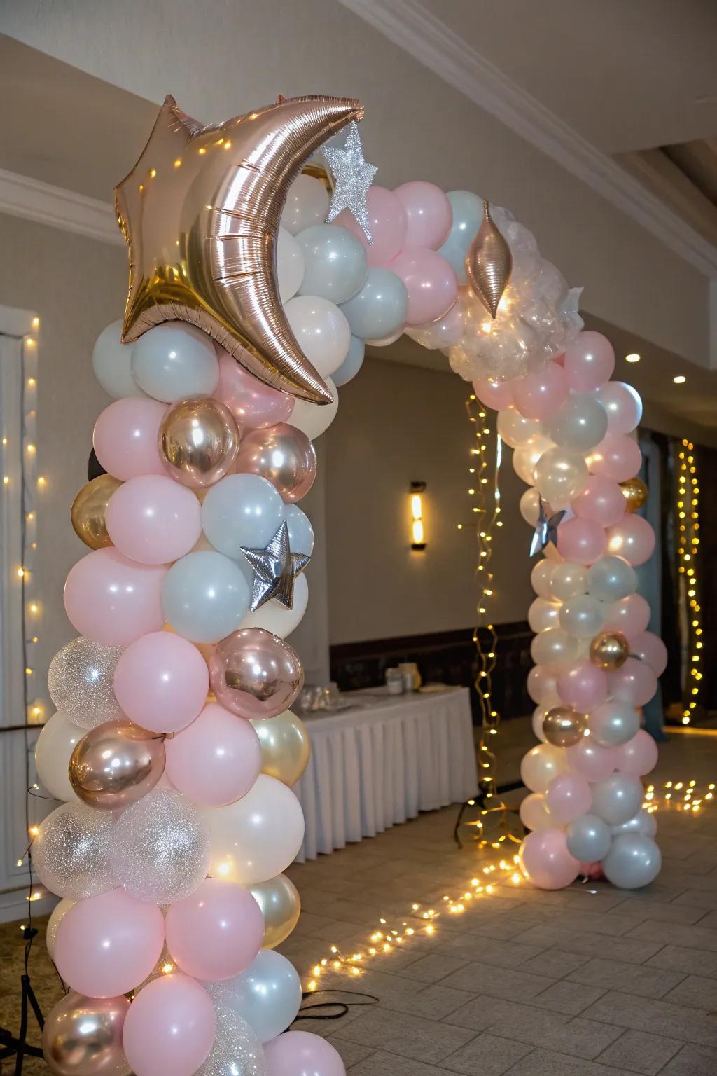 An impressive balloon arch with moon and star designs, setting the celestial mood.