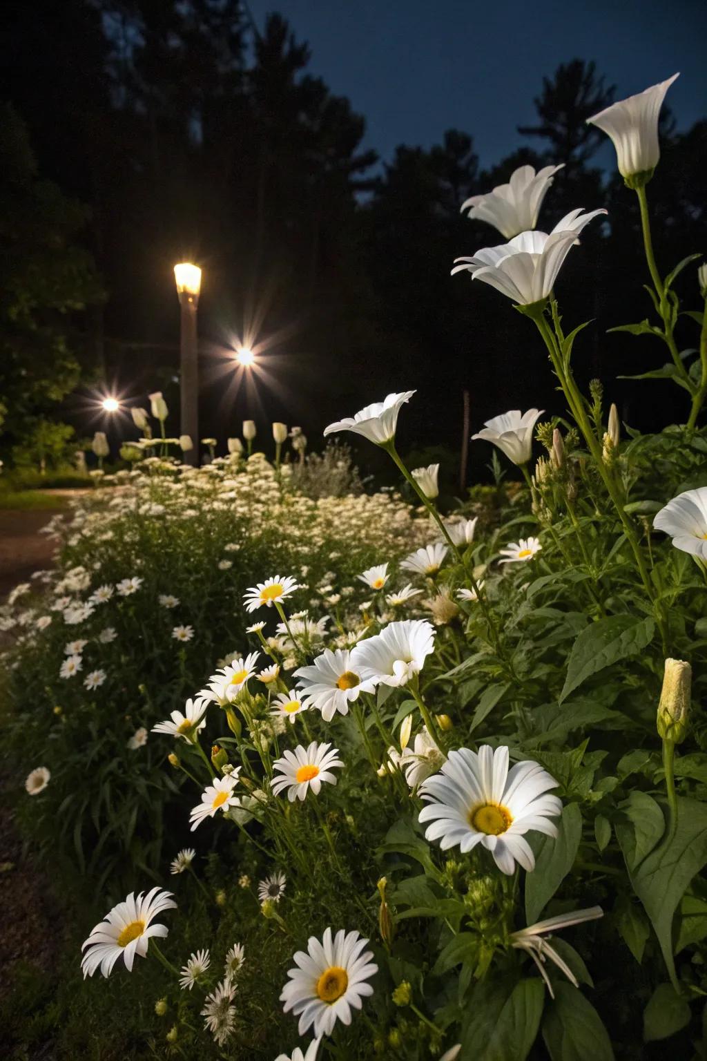 White flowers such as daisies and moonpetals radiantly illuminated by moonlight.